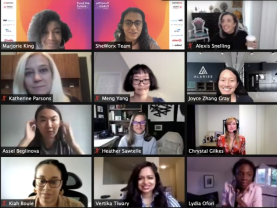 A twelve-person SheWorx video call arranged in a grid, with speakers and participants joining from their homes and offices.